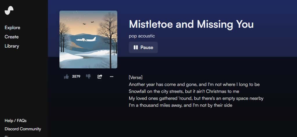 <em>Mistletoe and missing you</em> est peut-être le premier tube généré par intelligence artificielle. La chanson a reçu près de 600 000 écoutes en un mois. Bien des artistes aimeraient afficher de tels scores ! © Suno