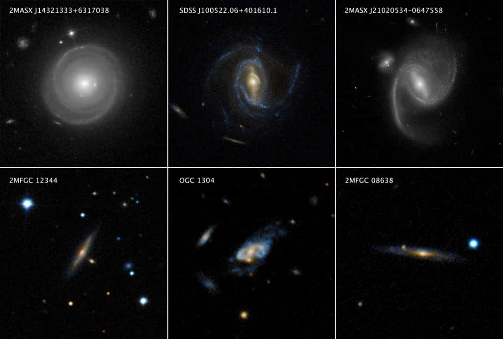 La rangée supérieure de cette mosaïque présente des images de Hubble montrant trois galaxies spirales, chacune pesant plusieurs fois la Voie lactée. La rangée du bas montre trois galaxies spirales encore plus massives qualifiées de « super spirales », qui ont été observées par le sondage au sol du <em>Sloan Digital Sky</em>. Les super spirales ont généralement 10 à 20 fois la masse de la Voie lactée. La galaxie, en bas à droite, 2MFGC 08638, est la super spirale la plus massive connue à ce jour. © Rangée du haut : Nasa, ESA, P. Ogle et J. DePasquale (STScI). Rangée du bas : SDSS, P. Ogle et J. DePasquale (STScI) 