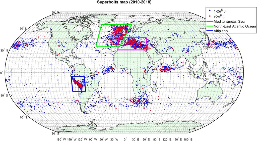 La répartition des superbolts dans le monde. © <em>Journal of Geophysical Research</em>
