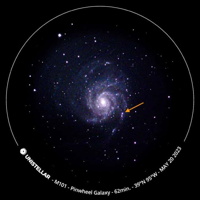 Une image de la galaxie M101 prise par l'observateur Unistellar Michael Cunningham. SN 2023ixf est indiqué par la flèche orange. © <em>Seti Institute</em>, Unistellar