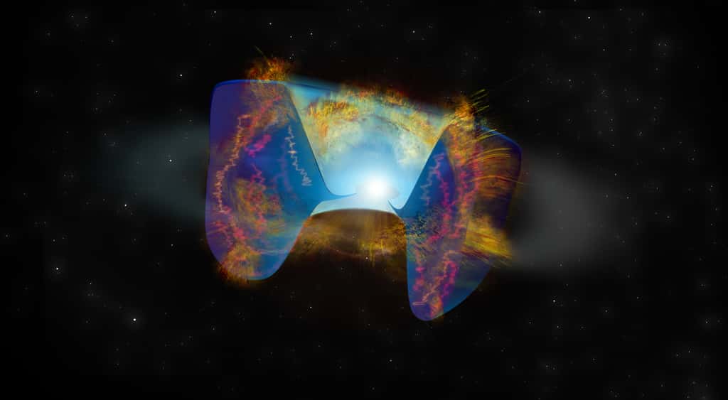  Les débris en mouvement rapide d'une explosion de supernova déclenchée par une collision stellaire s'écrasent sur le gaz rejeté plus tôt qui a formé une sorte de tore, et les ondes de chocs résultantes y provoquent une émission radio lumineuse vue par le VLA. © Bill Saxton, NRAO/AUI/NSF