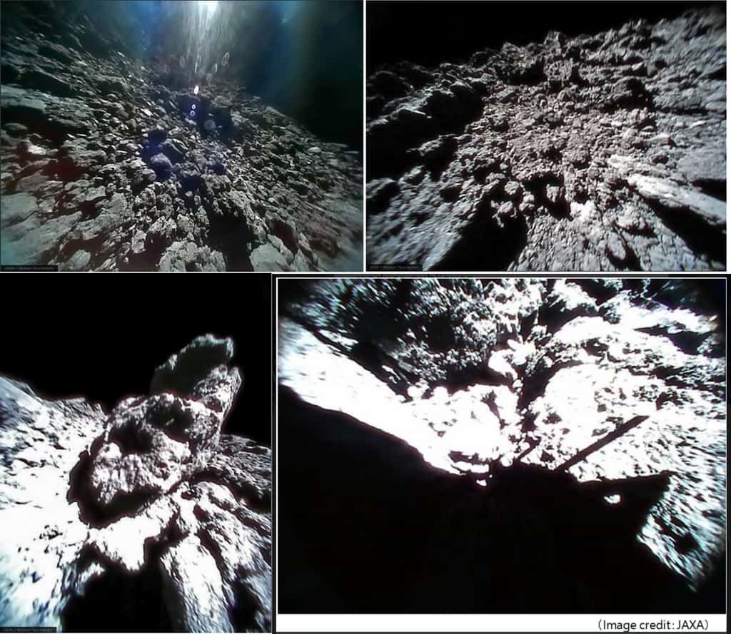 En haut à gauche : surface de Ryugu photographiée par le rover 1B juste avant un saut, le 23 septembre. En haut à droite : photo prise par le rover 1B le 23 septembre après son atterrissage sur l’astéroïde. En bas à gauche : rocher photographié le 23 septembre par le rover 1A. En bas à droite : le rover 1A et son ombre projetée sur la surface. © Jaxa, @_RomanTkachenko