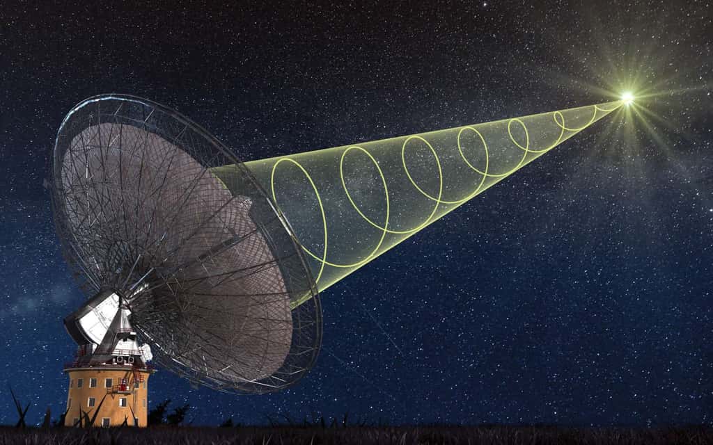 Le sursaut radio rapide FRB 121102 intrigue mais ne serait pas le signe d'une civilisation E.T. Ici, une vue d'artiste d'un radiotélescope étudiant un phénomène astrophysique transitoire. ©<em> Swinburne University of Technology</em>