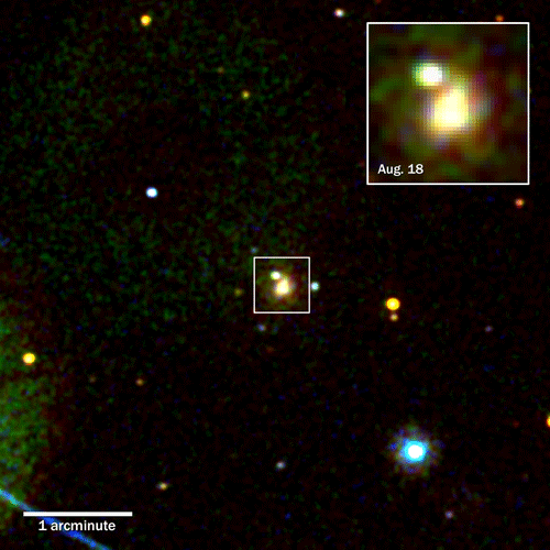 Le télescope ultraviolet optique de Swift a imagé la kilonova produite par la fusion d'étoiles à neutrons dans la galaxie NGC 4993 (boîte) le 18 août 2017, environ 15 heures après la détection des ondes gravitationnelles et du sursaut gamma. © Nasa/Swift