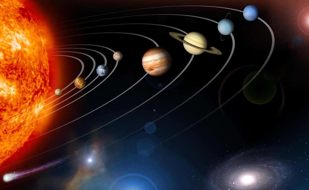 Une vue d'artiste, pas à l'échelle, du Système solaire. On y voit dans l'ordre décroissant de proximité avec le Soleil, les planètes Mercure, Vénus, Terre, Mars, Jupiter, Saturne, Uranus et Neptune. © Nasa