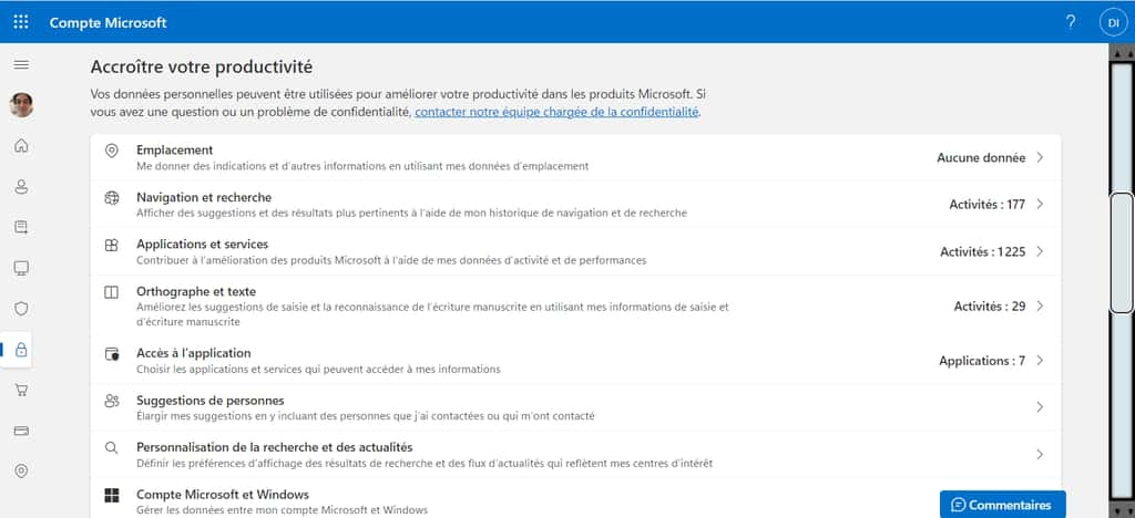 Le tableau de bord de confidentialité révèle qu’un très grand nombre d’informations vous concernant sont conservées par Microsoft. © Microsoft