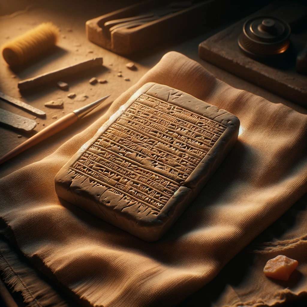 Représentation par IA d'une tablette en argile de style babylonien. Image à vocation illustrative. © C.A et DALL-E pour Futura