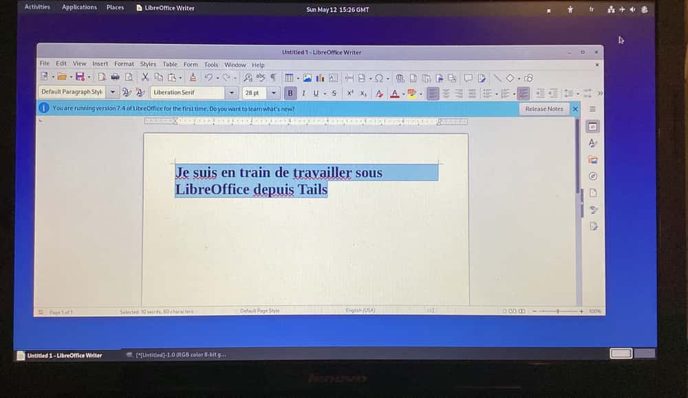 Utilisation de LibreOffice depuis le système Tails sur un PC d’accueil. © Tails.