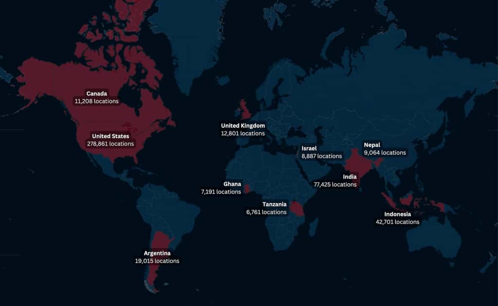 Cette carte montre le nombre de stalkerwares actifs par pays sur six semaines jusqu’à la découverte de la faille sur les serveurs des applications. © TechCrunch