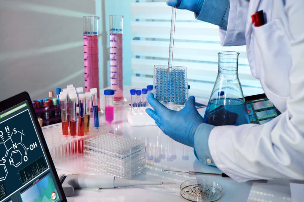 Un technicien de laboratoire réalisant une expérience en microplaque d'analyse. © angellodeco, Adobe Stock
