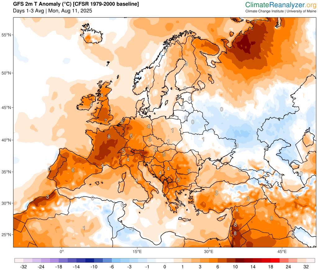 L'écart des températures à la moyenne en Europe ce lundi : en rouge au-dessus de la norme, en bleu sous la norme du mois. © Climate Reanalyzer