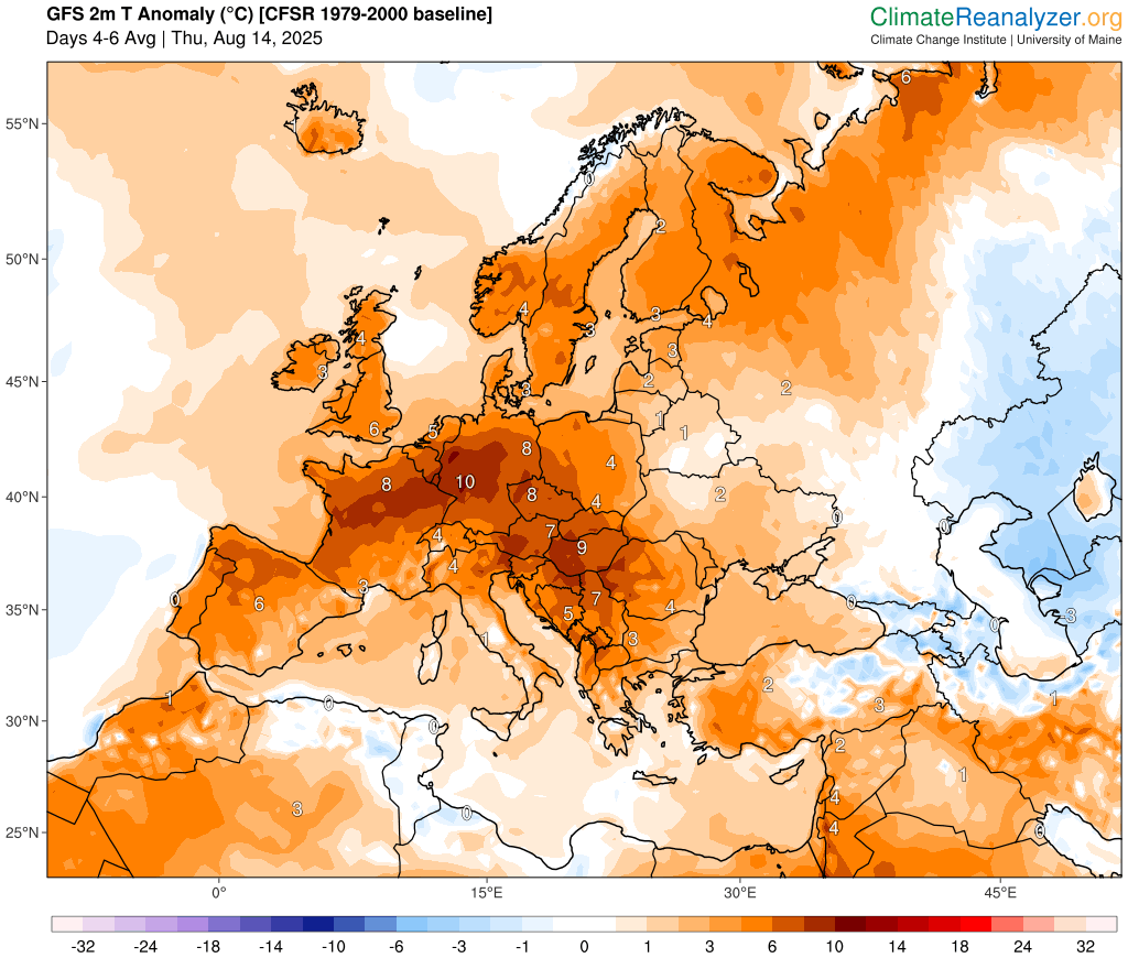 L'écart des températures à la moyenne prévue jeudi. © Climate Reanalyzer