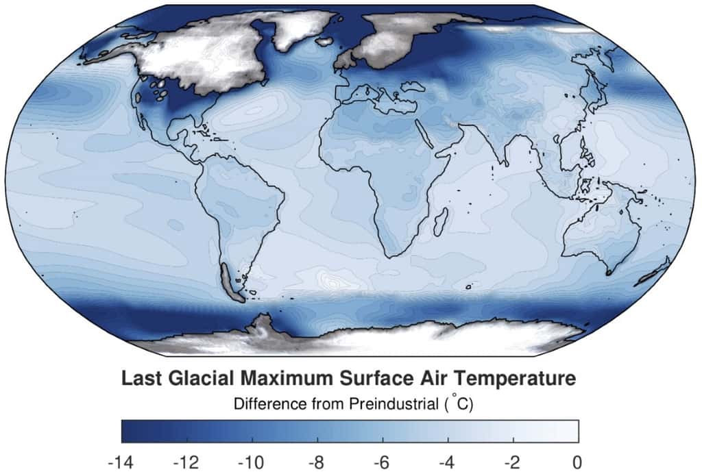 Cette carte globale montre les différences de température par rapport à l'époque préindustrielle. Le bleu foncé se traduit par des températures plus fraîches. Les calottes glaciaires du passé se superposent aux continents. © Jessica Tierney