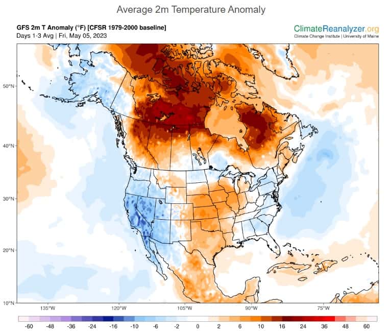 En rouge foncé, l'anomalie actuelle de températures sur le nord du Canada : jusqu'à 20 °C au-dessus des moyennes de saison. © Climate Reanalyzer