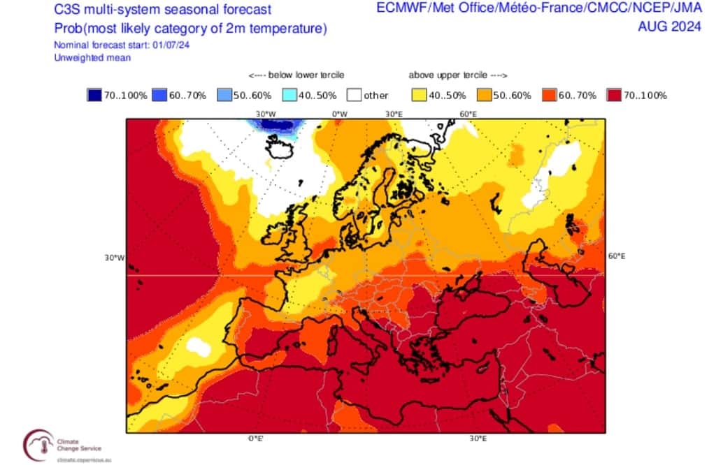 En jaune et orange, les zones prévues plus chaudes que la moyenne selon Copernicus. © Copernicus