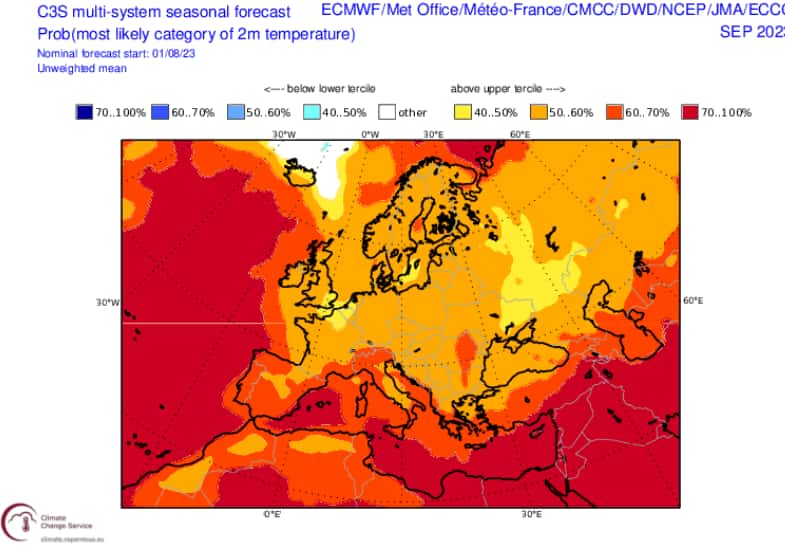 La probabilité d'avoir des températures supérieures aux moyennes en France en septembre : plus les couleurs sont foncées, plus le risque est important. © Copernicus