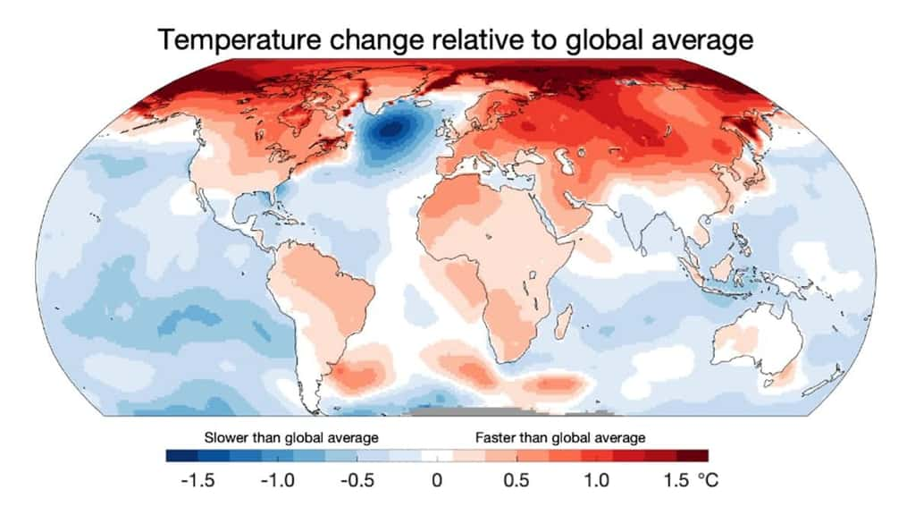 Réchauffement relatif des températures de surface. Les zones en rouge foncé se réchauffent beaucoup plus rapidement que la moyenne, comme l’Arctique. Les régions en bleu clair se réchauffent également, mais plus lentement que la moyenne. La région en bleu foncé près du sud du Groenland ne se réchauffe pas du tout et s’est même légèrement refroidie. © E. Hawkins/<em>Reading University</em>