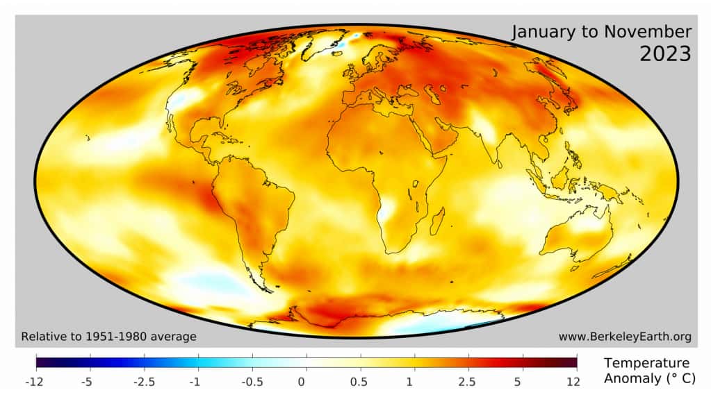 L'écart à la norme 1951-1980 des températures en 2023 de janvier à novembre. © <em>Berkeley Earth</em>