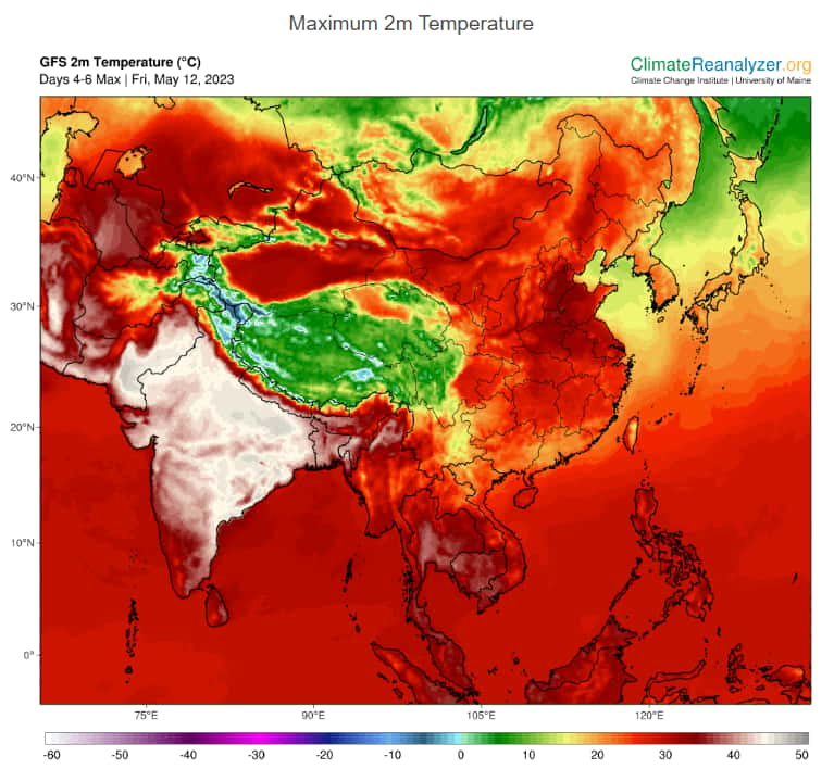 Une nouvelle hausse des températures est prévue en fin de semaine : en blanc, les zones qui vont dépasser 40 °C. © Climate Reanalyzer