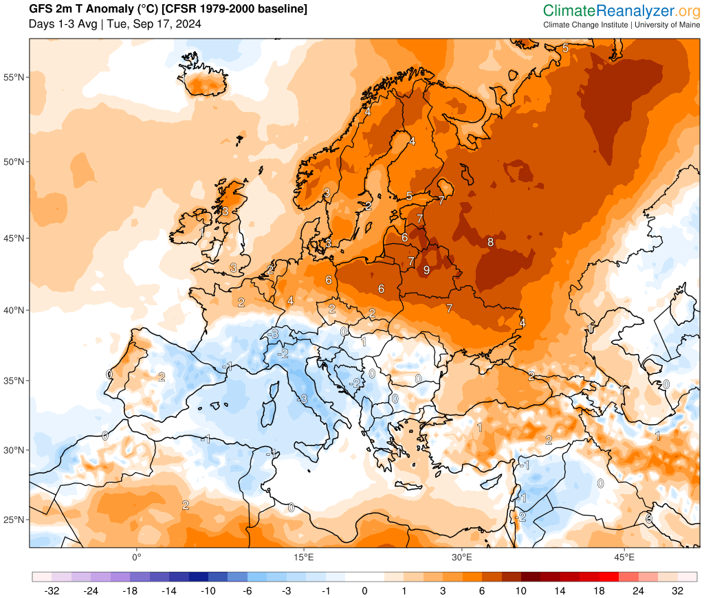 L'écart des températures à la normale en Europe : le nord du Portugal se trouve sous la chaleur. © Climate Reanalyzer