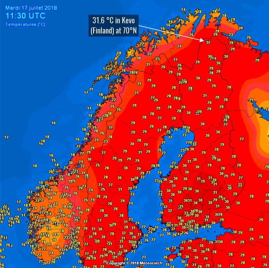 Températures maximales relevées en Scandinavie le 17 juillet 2018. Il faisait 32 °C au niveau du cercle arctique. © Météociel.fr