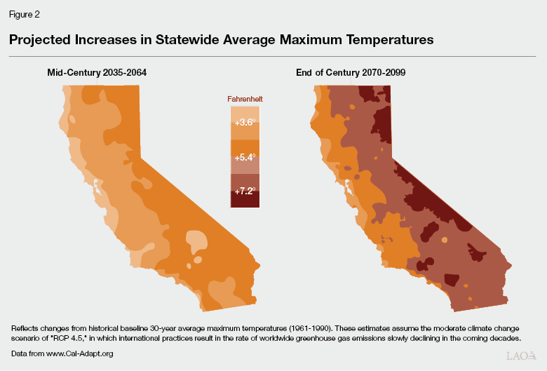 Évolution des températures prévues (en Fahrenheit) d'ici la fin du siècle en Californie. © LAO