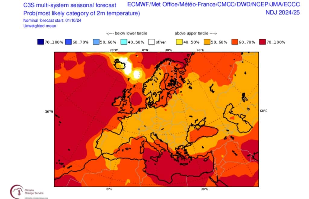 Tout le continent européen sera confronté à des températures supérieures aux moyennes en novembre, décembre et janvier, comme le montre cette carte. © Copernicus