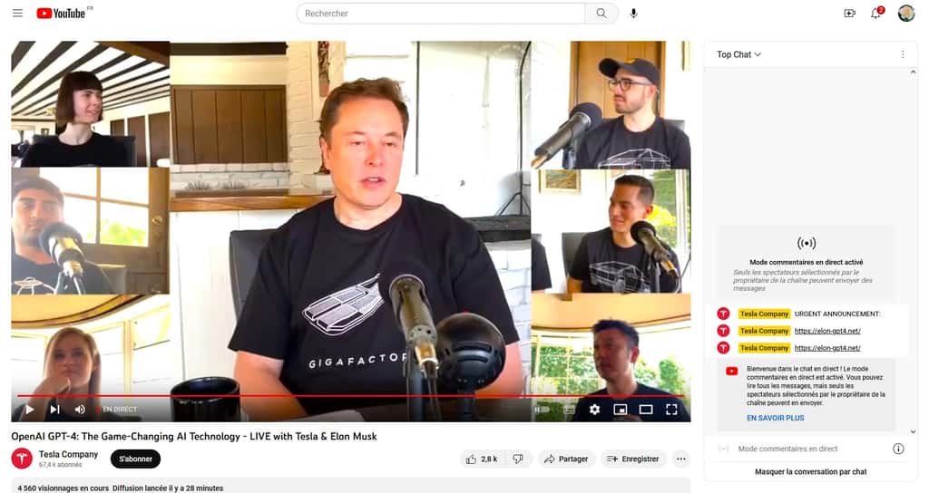 Une chaîne a été piratée et renommée en Tesla Company afin de diffuser une ancienne vidéo d’Elon Musk avec un lien (qui n’est plus fonctionnel) dans la conversation qui renvoie vers une arnaque aux cryptomonnaies. © Capture Futura