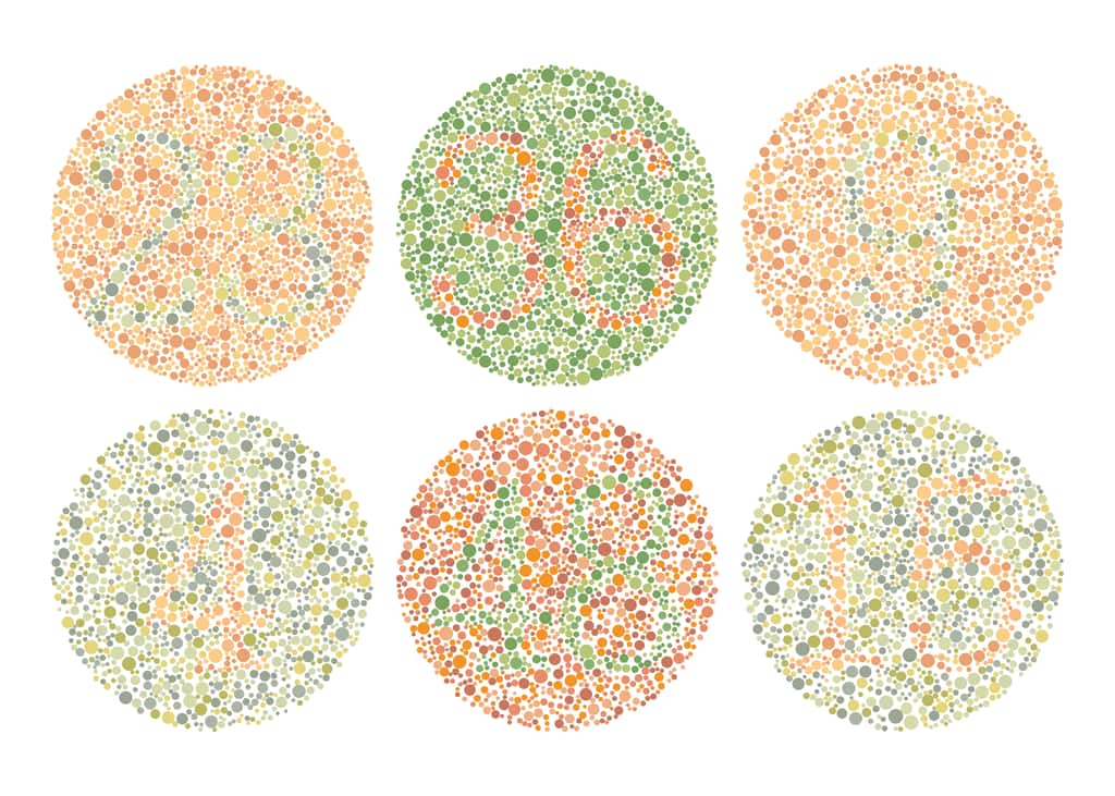 Exemple de plaques du test d'Ishihara qui permet de diagnostiquer le daltonisme. © WEISHIN, Adobe Stock