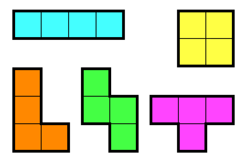 Les cinq figures possibles de tétraminos. © Wikimedia commons