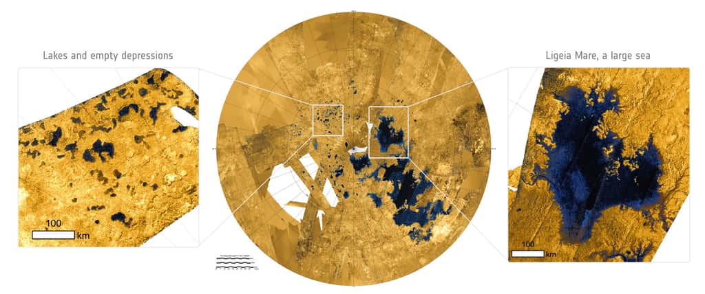 Le radar de la sonde Cassini pouvait percer l’épais voile de smog orangé de Titan, révélant des lacs et une grande mer dans la région du pôle Nord de la lune, comme on peut le voir sur ces images radar en fausses couleurs. Des points lumineux transitoires, des « îles magiques », ont été observés apparaître et disparaître sur <em>Ligeia Mare</em>. © centre, Nasa, JPL-Caltech, ASI, USGS ; à gauche et à droite, Nasa, ESA. Remerciements : T. Cornet, ESA