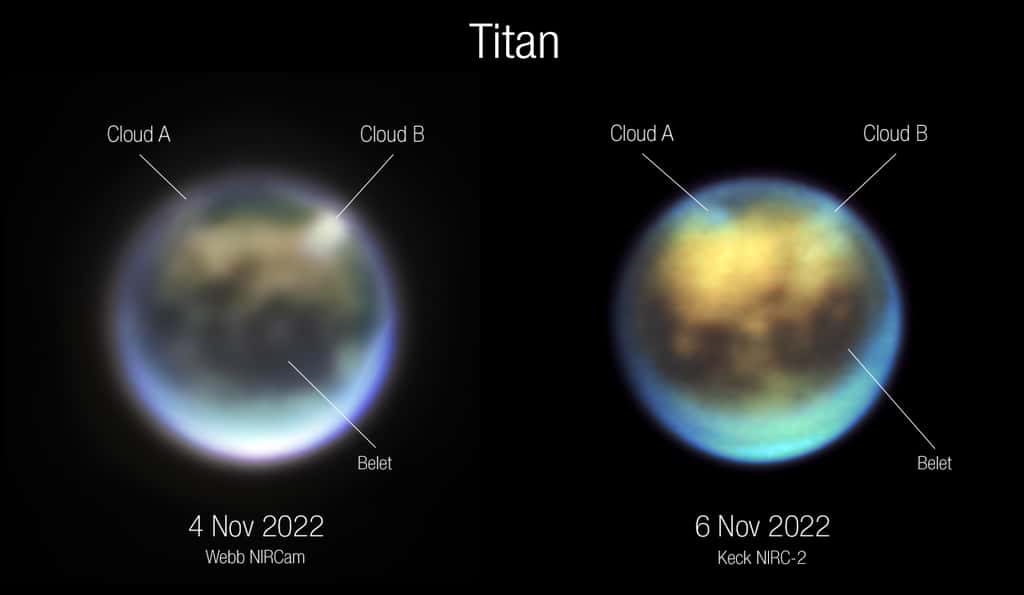 Évolution des nuages ​​sur Titan sur 30 heures entre le 4 et le 6 novembre 2022, vus par le Webb avec NIRCam (à gauche) et le  Keck avec NIRC-2 (à droite). L'hémisphère arrière de Titan vu ici tourne de gauche (aube) à droite (soir), vu de la Terre et du Soleil. © Nasa, ESA, CSA, A. Pagan (STScI). Science: Webb Titan GTO Team.