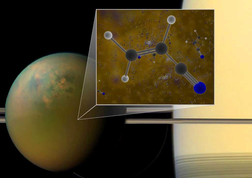 Un image d'artiste montre la formule développée de l'acrylonitrile, présent dans l'atmosphère de Titan. © B. Saxton (NRAO, AUI, NSF), Nasa