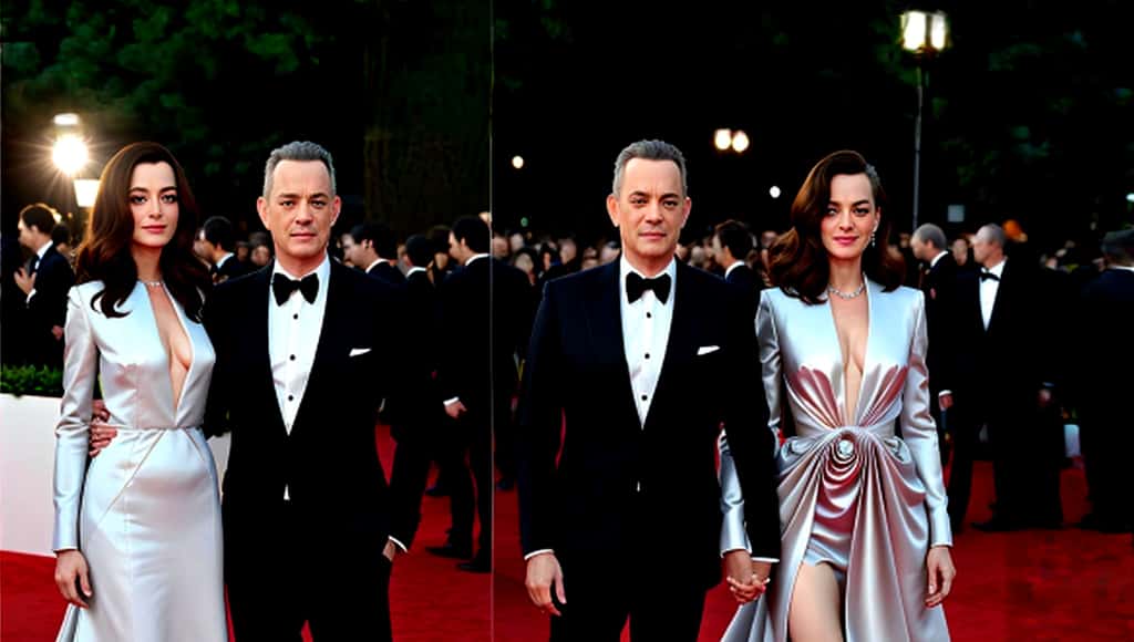 Tom Hanks et Anne Hathaway lors d'une soirée de gala se retrouvent aux côtés de leurs clones. Une séquence imaginée par l’IA générative Maze Guru. © D. Ichbiah avec Maze Guru