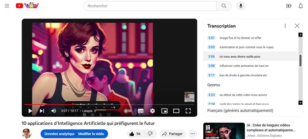 Une fois que l’on sélectionné <em>Afficher la transcription</em> dans Youtube, celle-ci apparaît sur la droite de la vidéo. © Youtube