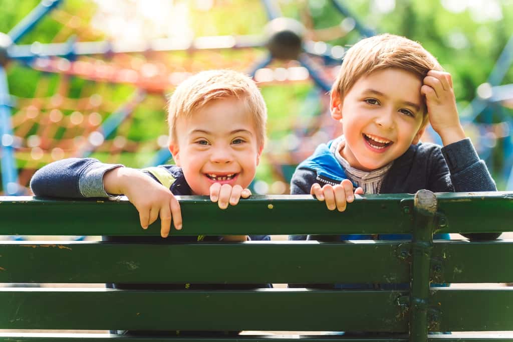 Une maladie génétique n'est pas forcément héréditaire. Sur la photo, deux frères dont l'un est porteur de la trisomie 21 ou syndrome de Down qui résulte d'une anomalie chromosomique. © pololia, Adobe Stock