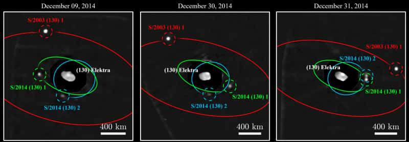  Il subsiste de nombreuses incertitudes concernant l'orbite de S3, néanmoins la découverte du premier système quadruple d'astéroïdes est un premier pas vers la compréhension des mécanismes de formation de ces satellites. © ESO / Berdeu et <em>al.</em>