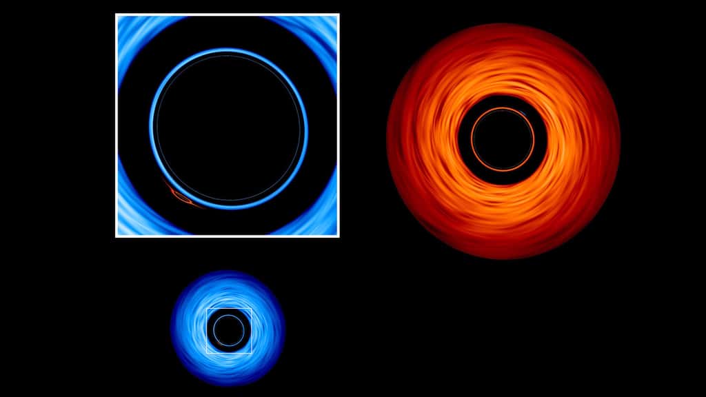 Une vue de face du système met en évidence l'image déformée du plus petit trou noir (en médaillon) de son plus grand compagnon (en rouge). © <em>Goddard Space Flight Center de la Nasa</em>, Jeremy Schnittman et Brian P. Powell