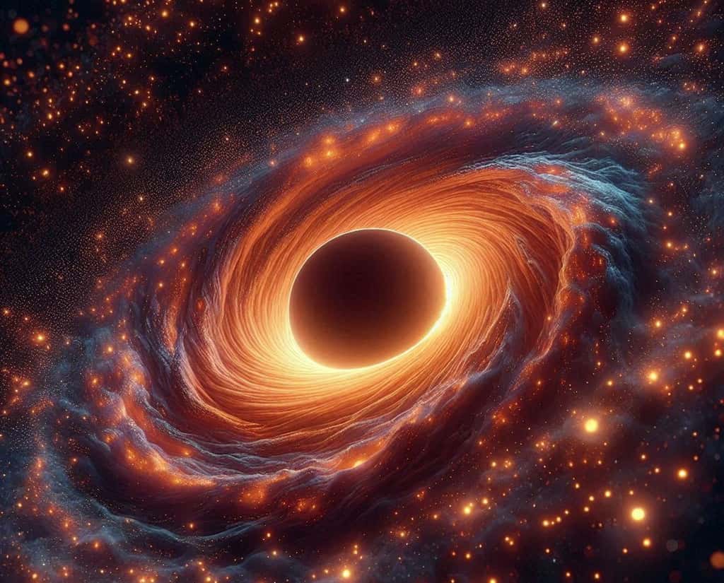 Une vue d'un trou noir produite par une IA. © BING, 2024 Microsoft Corporation