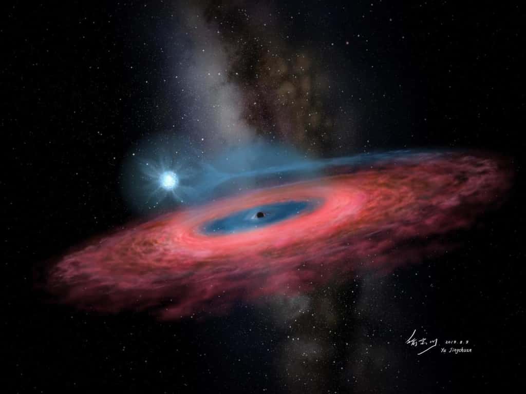 Accrétion de gaz sur un trou noir stellaire depuis une étoile bleue (impression d'artiste). © Yu Jingchuan, planétarium de Beijing, 2019