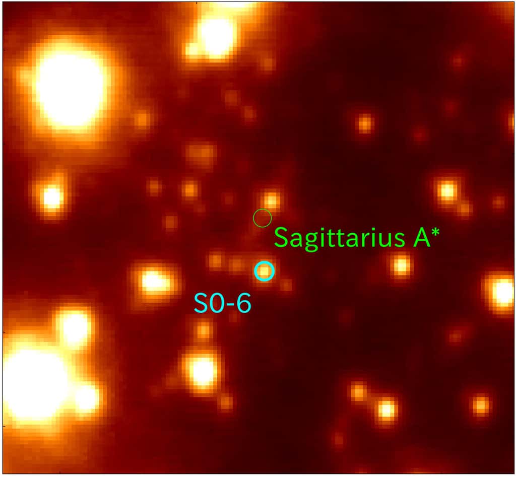 La région centrale de la Voie lactée telle que capturée par le télescope Subaru. L'image montre de nombreuses étoiles dans un champ de vision d'environ 3 secondes d'arc. L'étoile S0-6 (cercle bleu), objet de cette étude, est située à environ 0,3 seconde d'arc du trou noir supermassif Sagittarius A* (Sgr A*, cercle vert). © <em>Miyagi University of Education</em>/NAOJ
