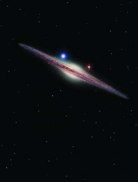 Représentation artistique de la source X, nommée HLX-1 (point lumineux bleu en haut à gauche du bulbe galactique). Elle est située dans la périphérie de la galaxie spirale ESO 243-49. HLX-1 est le candidat le plus solide détecté à ce jour, appartenant à la classe, si longtemps recherchée des trous noirs de masse intermédiaire. © Insu/Heidi Sagerud 