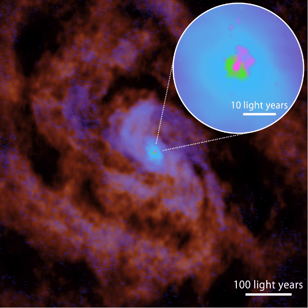 Sur cette image dans le domaine radio en fausses couleurs prise avec Alma, les distributions du monoxyde de carbone (CO), du carbone atomique (C), du cyanure d'hydrogène (HCN) et la ligne de recombinaison de l'hydrogène (H<sub>36α</sub> ; reflétant la présence de gaz ionisé) sont représentées respectivement en rouge, bleu, vert et rose. On voit le noyau galactique actif au centre. La taille du disque central de gaz dense (vert) est d'environ six années-lumière (voir l'encadré pour la vue zoomée). Le flux de plasma se déplace presque perpendiculairement au disque dense central. © Alma (ESO/NAOJ/NRAO), T. Izumi et al.