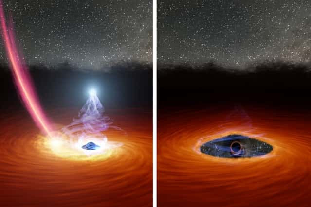 Cette illustration à deux panneaux montre un trou noir entouré d'un disque de gaz, avant et après que le disque soit partiellement dispersé. Dans le panneau de gauche, la boule de lumière blanche au-dessus du trou noir se trouve dans la couronne du trou noir, une collection de particules de gaz ultra-chaudes qui se forment lorsque le gaz du disque tombe dans le trou noir. La traînée de débris tombant vers le disque est ce qui reste d'une étoile disloquée par la gravité du trou noir. Le panneau de droite montre le trou noir après que les débris de l'étoile ont dispersé une partie du gaz dans le disque, provoquant la disparition de la couronne. Un scénario plausible mais non démontré pour expliquer ce qu'il s'est passé en 2018 avec 1ES 1927+654. © Nasa, JPL