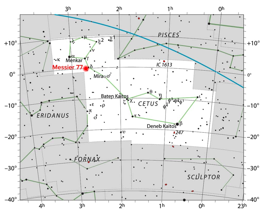 Carte illustrant l'emplacement de NGC 1068 (également connu sous le nom de Messier 77), une galaxie spirale située à environ 47 millions d'années-lumière de la Terre, dans la direction de la constellation de la Baleine. © IAU, <em>Sky & Telescope magazine</em>; NRAO/AUI/NSF, S. Dagnello