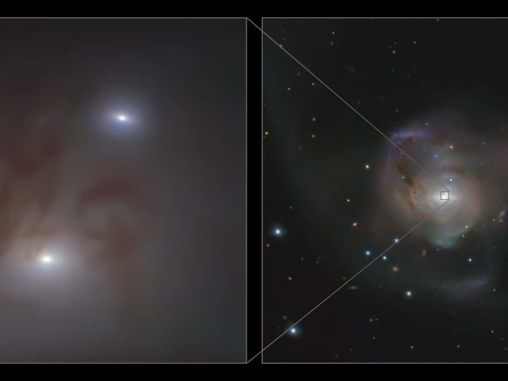 Cette image montre des vues rapprochée (à gauche) et à grand champ (à droite) des deux noyaux galactiques lumineux, chacun abritant un trou noir supermassif, dans NGC 7727, une galaxie située à 89 millions d'années-lumière de la Terre dans la constellation du Verseau. Chaque noyau est constitué d'un groupe dense d'étoiles avec un trou noir supermassif en son centre. L'image de gauche a été prise avec l'instrument Muse sur le <em>Very Large Telescope</em> (VLT) de l'ESO à l'Observatoire Paranal au Chili, tandis que celle de droite a été prise avec le <em>VLT Survey Telescope</em> de l'ESO. © ESO/Voggel et <em>al.</em> ; ESO/VST Atlas team. Acknowledgement : Durham University/Casu/WFAU