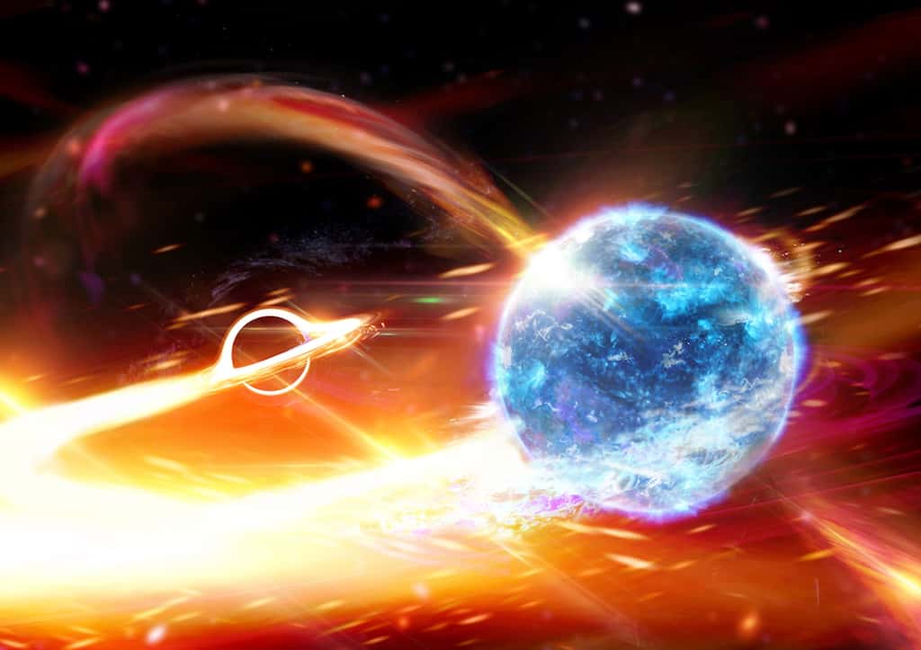 Cette image d'artiste montre une étoile à neutrons (au premier plan) en orbite autour d'un plus grand trou noir (arrière-plan). Ce dernier est plus éloigné et semble plus petit de ce point de vue, et on voit les effets de lentille gravitationnelle qu'il exerce sur la matière accrétée à partir de l'étoile à neutrons. On ne sait pas si le compagnon du trou noir dans GW190814 est une étoile à neutrons ou un trou noir de faible masse. © Carl Knox (OzGrav)