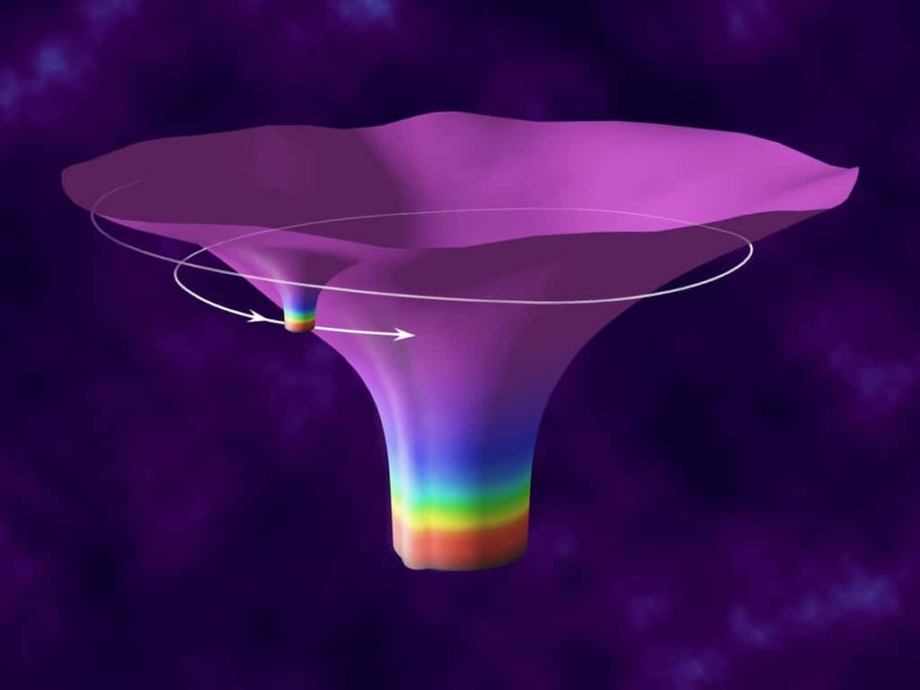 Une image de synthèse représentant un modèle de la courbure de l'espace d'un petit objet compact en orbite rapproché autour d'un trou noir supermassif, déformant lui aussi l'espace-temps. © Nasa