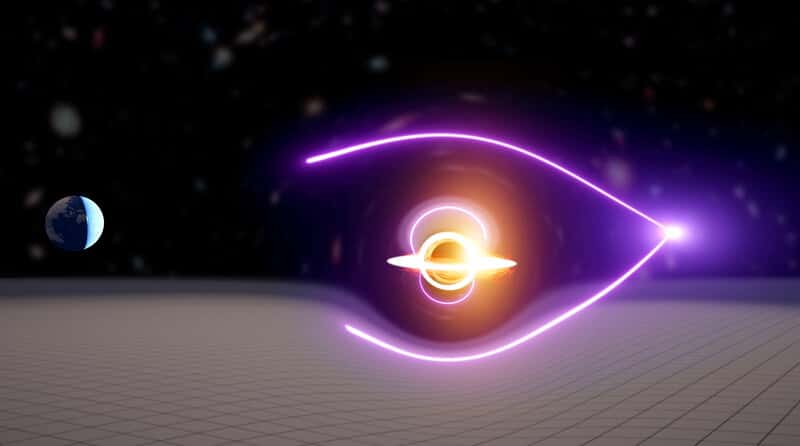 Une vue d'artiste de l'effet de lentille gravitationnelle sur deux rayons issus d'un sursaut gamma. © Carl Knox, OzGrav