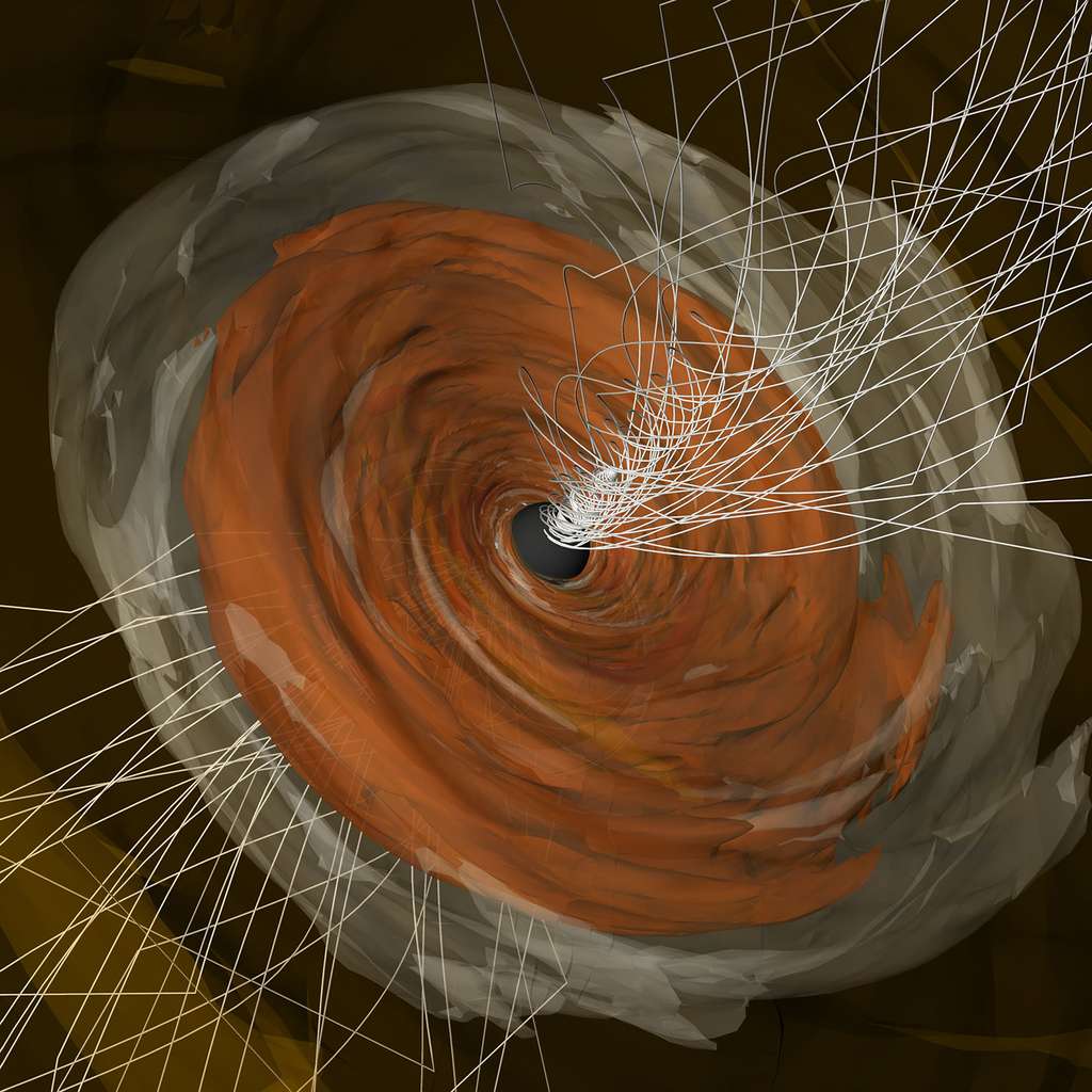 Un extrait de la simulation informatique d'un disque de plasma autour du trou noir supermassif au centre de la galaxie M87. © George Wong (IAS)